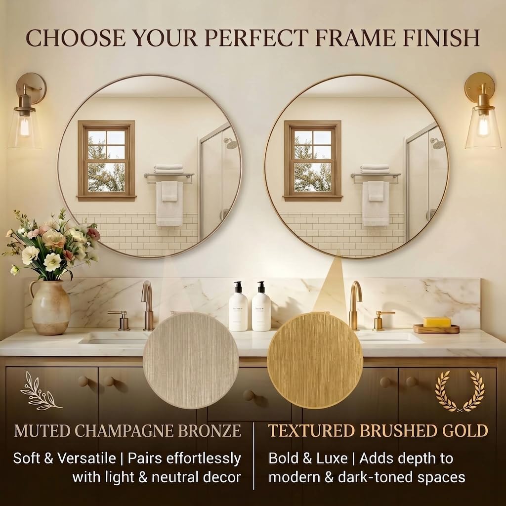36 Inch Round Mirror, Champagne Bronze Circle Mirror for Wall
