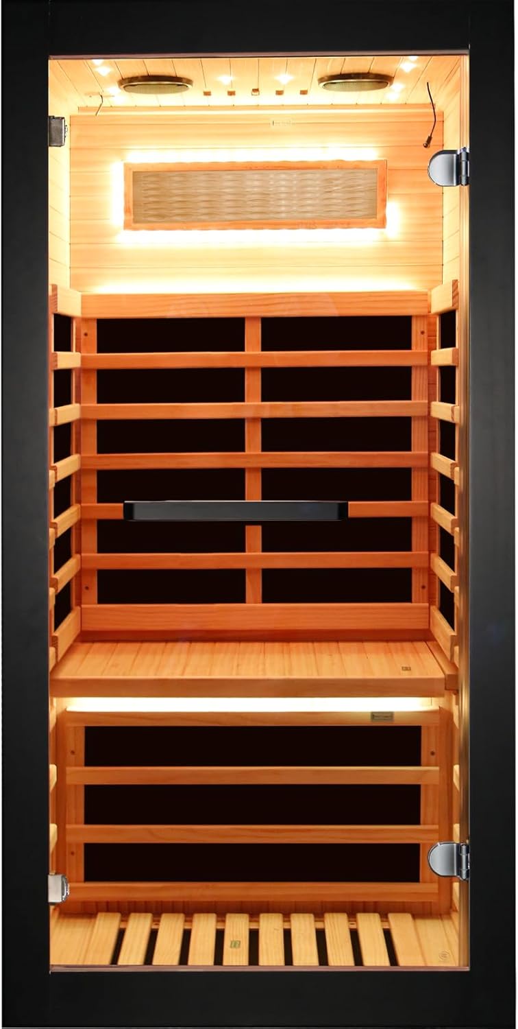 Sauna One Person Infrared Saunas Room Chilean Pine Wood 1050W Dry Saunas Spa with 7 Color Starry Sky Light Oxygen Bar