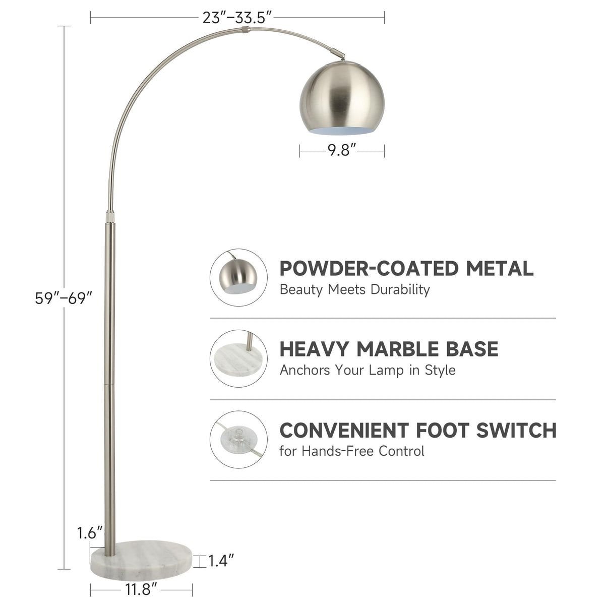 Inspired Arco Style Modern Floor Lamp, Brushed Nickel Arc Floor Lamp with LED Bulb, Marble Base Contemporary Tall Lamp Couch Sofa