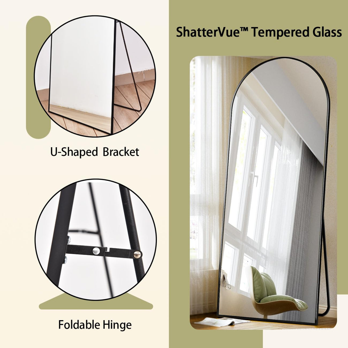 71" x 30" Arch Floor Length Mirror with Stand, Black