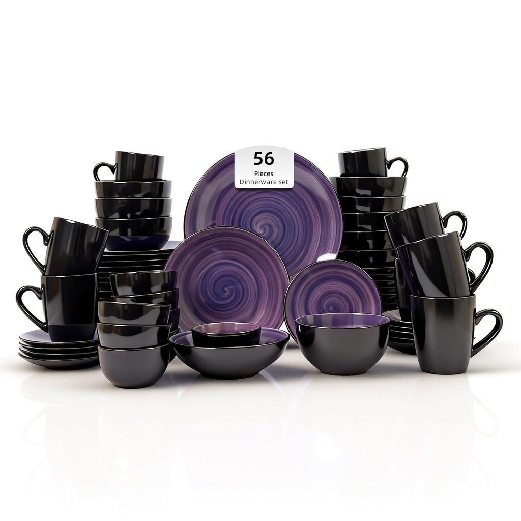 Stoneware Sonoma 56pc Dinnerware Set, Black + Speckled Spin Wash Purple