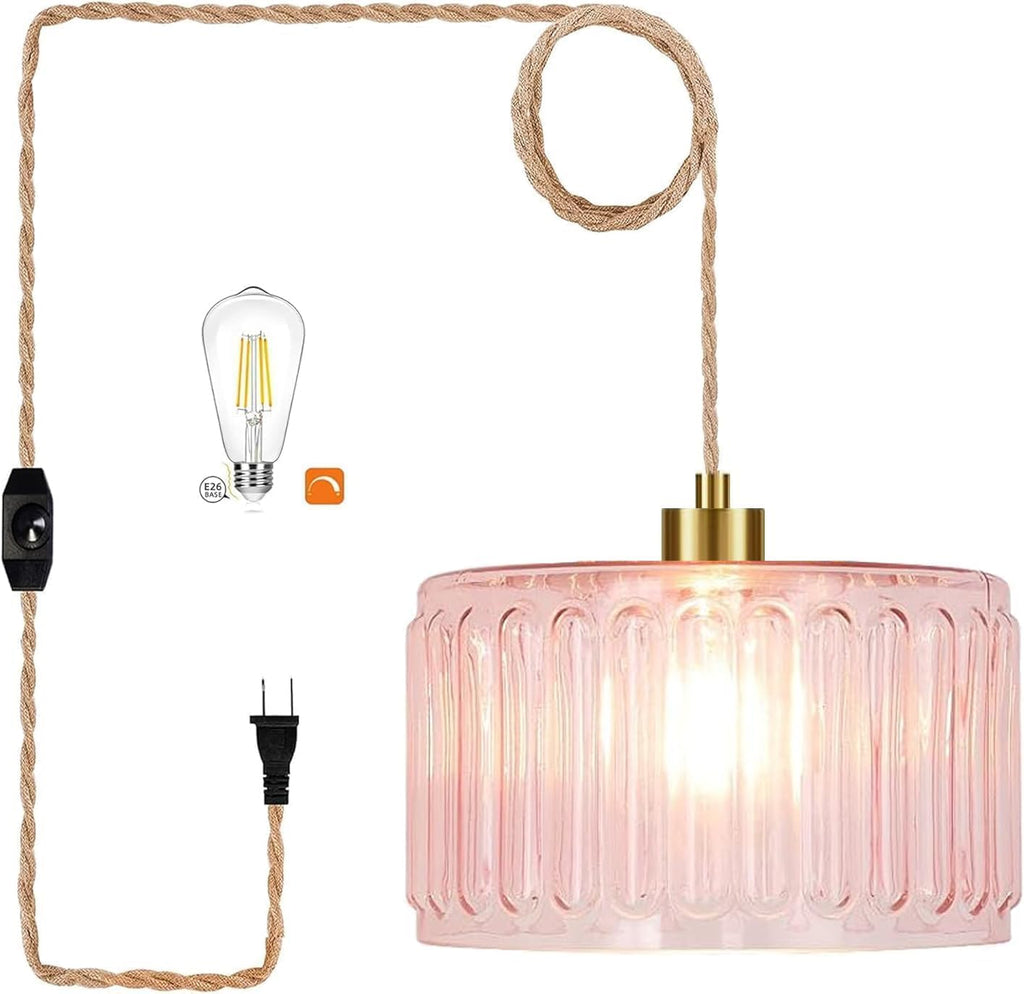 Pink Plug in Pendant Light Glass Hanging Lights with Plug in Cord Boho Hanging Lamp Gold Mid Century Modern Dimmable