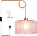 Pink Plug in Pendant Light Glass Hanging Lights with Plug in Cord Boho Hanging Lamp Gold Mid Century Modern Dimmable