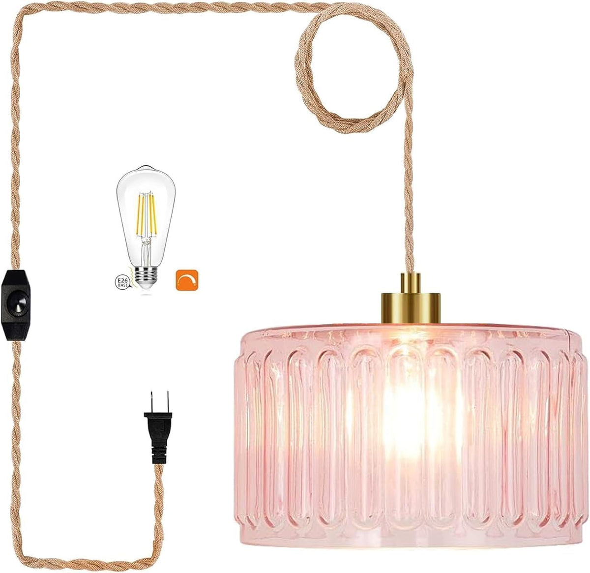 Pink Plug in Pendant Light Glass Hanging Lights with Plug in Cord Boho Hanging Lamp Gold Mid Century Modern Dimmable