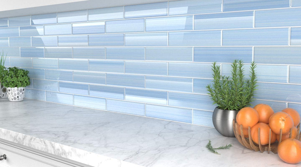 Big Blue Glass Subway Tile Backsplash or Bathroom/Showers, 3x12