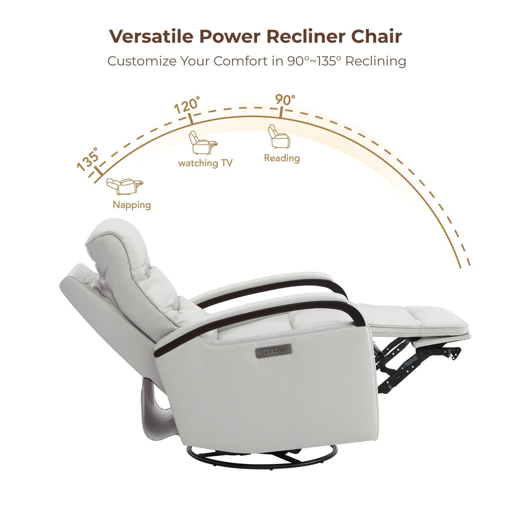 Genuine Leather Power Swivel Glider Rocker Recliner, Creamy Grey