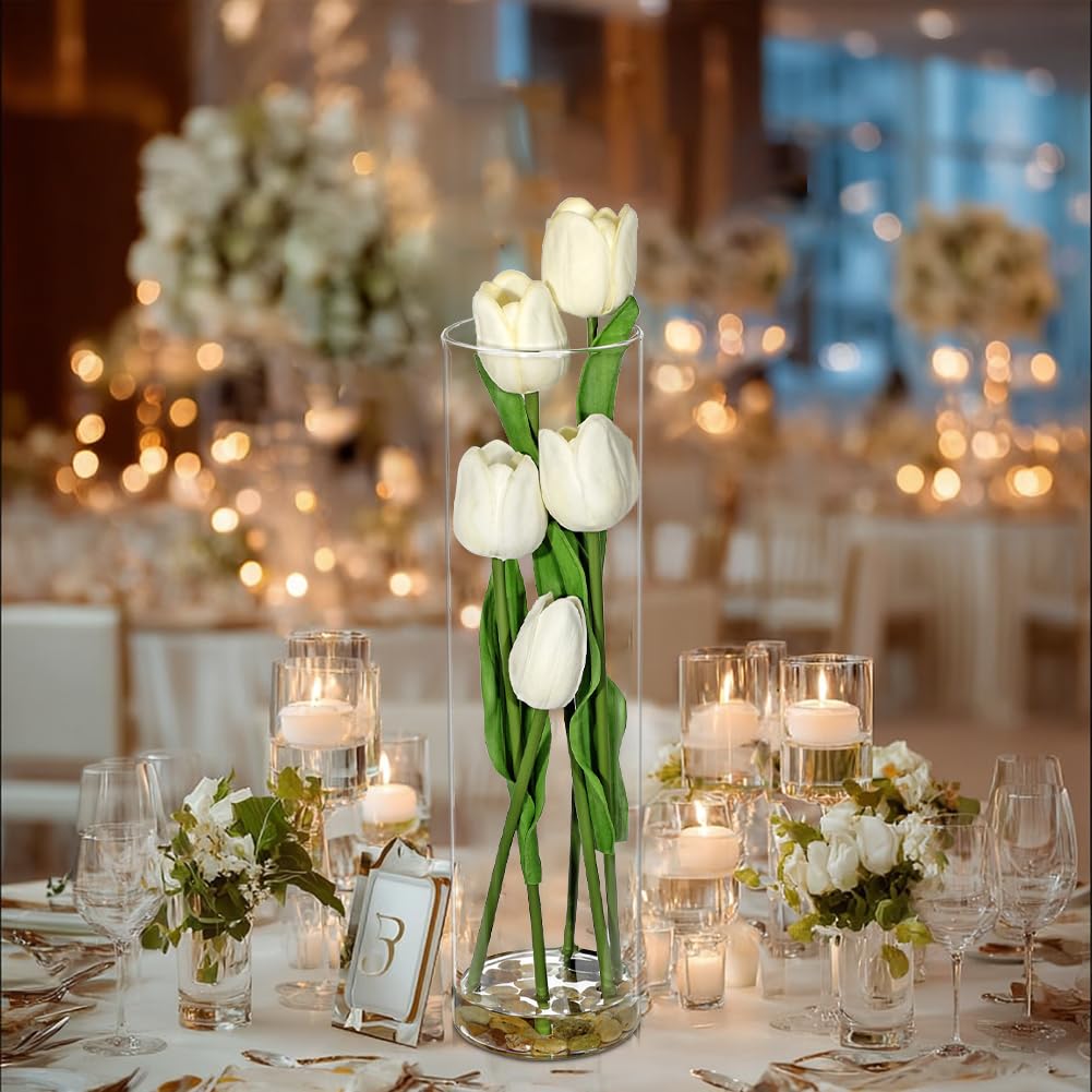 Artificial Tulips in Clear Cylinder Vase Faux PU Tulip Wedding Centerpiece Fake Tulips in Cylinders White Tulip