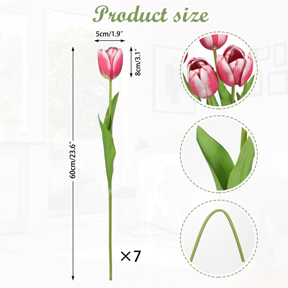 Artificial Tulips Flowers - 24" Long Stem Faux Tulips, 7PCS Real Touch Fake Red Tulip for Vase, Farmhouse, Kitchen