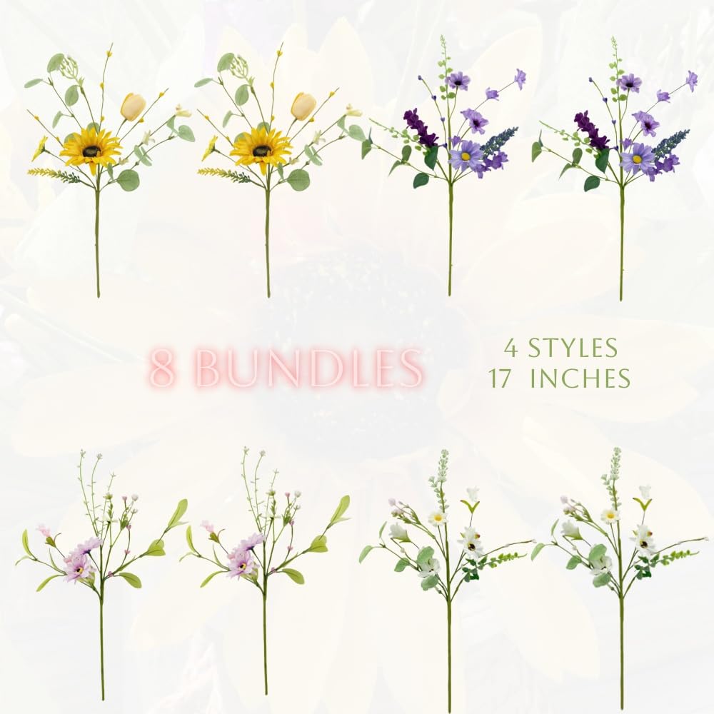 8 Bundles Artificial Wildflowers Bouquet Silk Daisy Sunflower Floral Stems