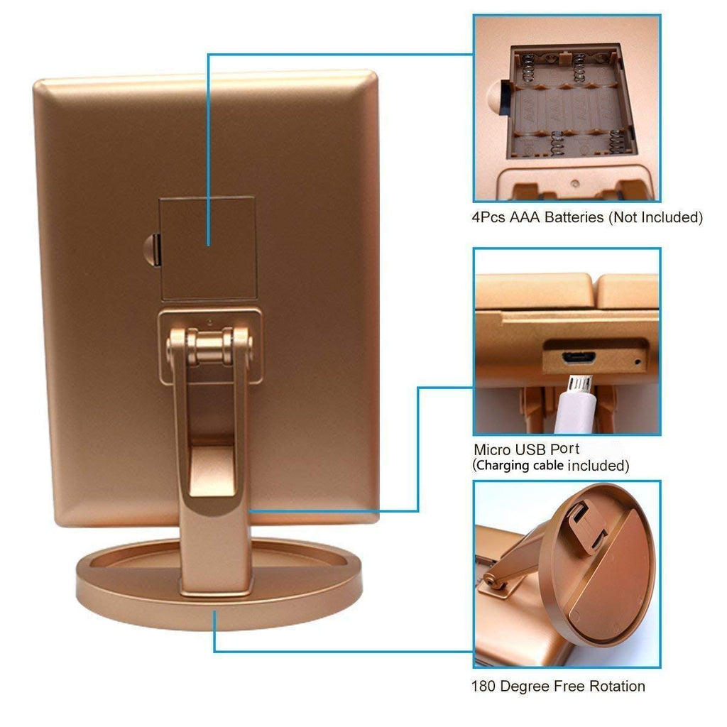 Floor Mount Tri-Fold Lighted Vanity Mirror with 21 LED Lights, Touch Screen and 3X/2X/1X Magnification, Two Power