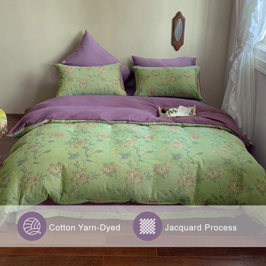 Linen Cotton Jacquard Duvet Cover Queen, 3 Pcs Yarn-Dyed Textured Duvet Cover Set Green Purple Floral Bedding