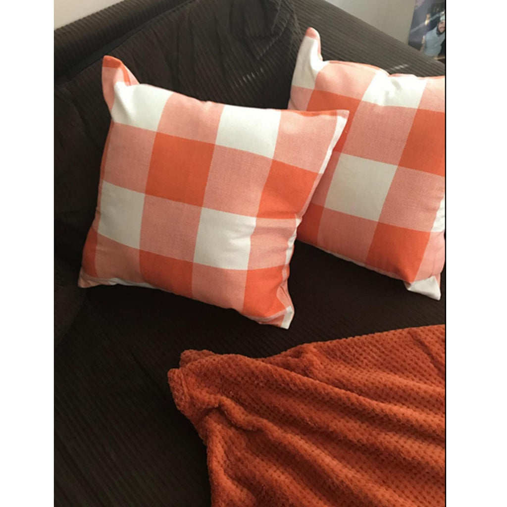 Outdoor Fall Throw Pillow Covers 22x22 Set of 2 Orange Buffalo Plaid
