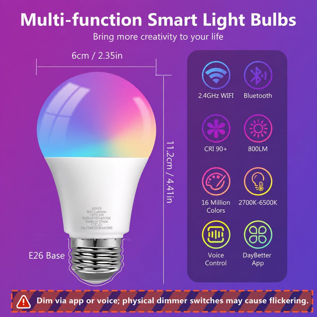 Smart Light Bulbs, A19 E26 Color Changing Bulbs, Works with Alexa