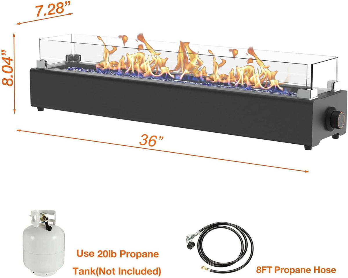 36-inch Table Top Propane Fire Pit, 40,000 BTU Tabletop Firepit for Patio, Outdoor Portable Rectangular Fire Bowl w/Wind Glass Shield, Glass Rocks