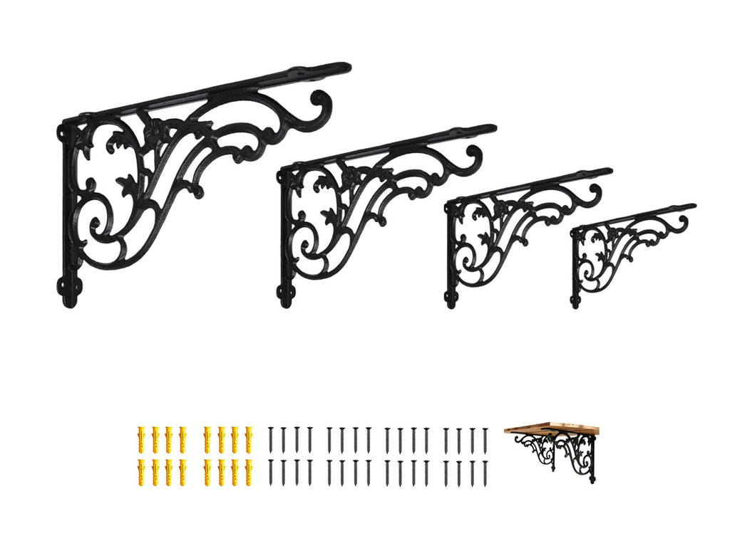 16 Inches Shelf Brackets 4 Pack Cast Iron Black Corbels 16'' * 9.5'' Decorative Shelf Supply Mouting Screws Included