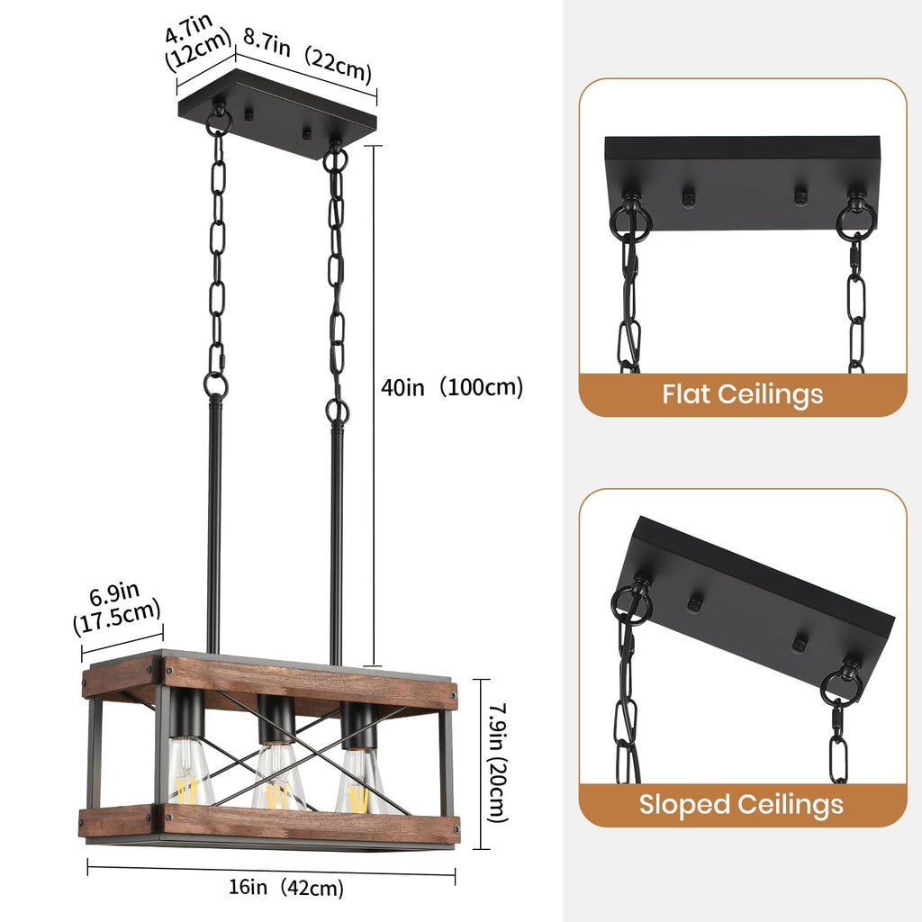 Genuine Wood Farmhouse Kitchen Island Light, 3-Light Rustic Pendant Chandelier with Adjustable Height, Metal Linear