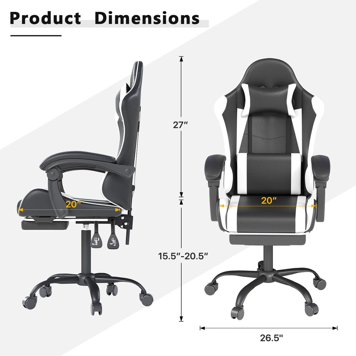 Gaming Chair with Headrest and Footrest, White
