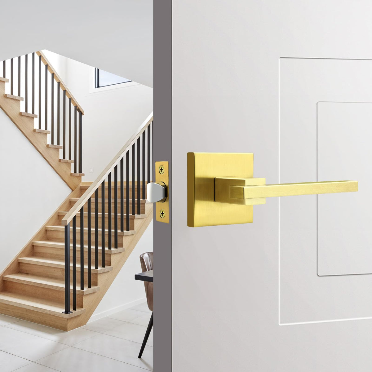 1 Pack Gold Square Passage Door Handle, Non-Locking Door Lock, Door Lever for Closet and Hallway
