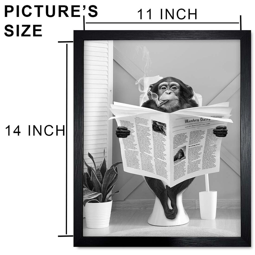 Bathroom Canvas Wall Art, Monkey Reading Newspaper Framed Art Decor, Animal Picture Bathroom Restroom Wall Decor