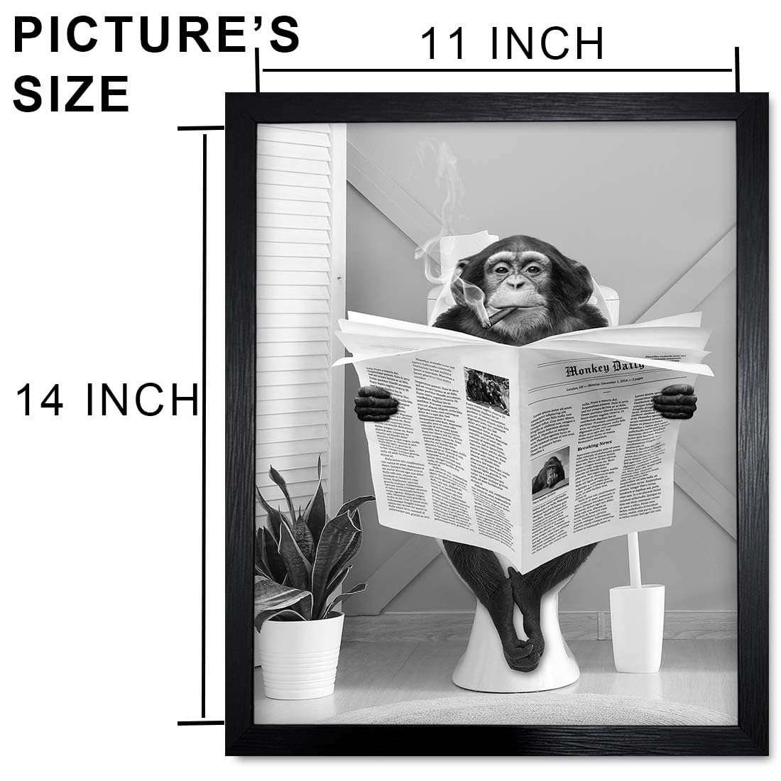 Bathroom Canvas Wall Art, Monkey Reading Newspaper Framed Art Decor, Animal Picture Bathroom Restroom Wall Decor