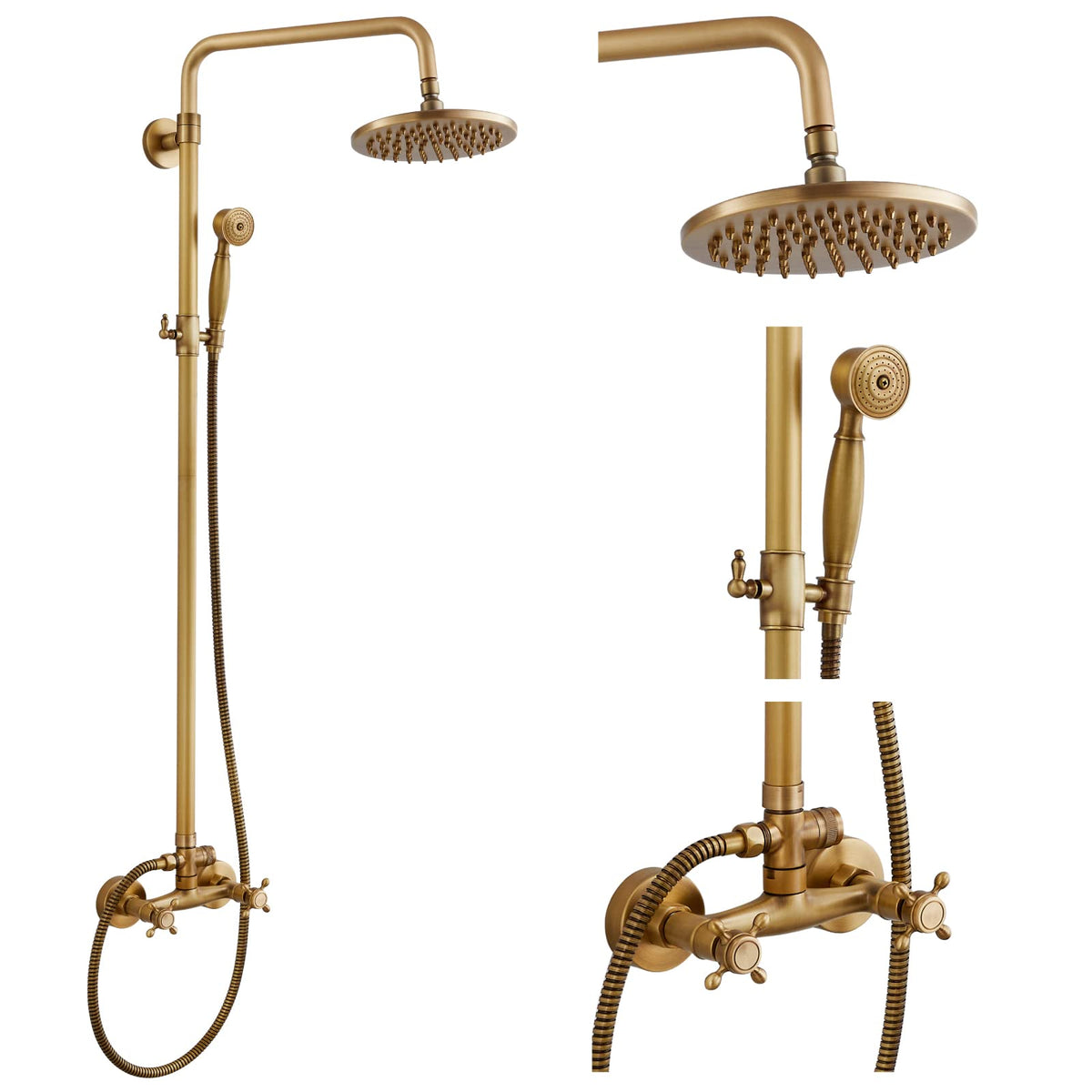 Dual Shower System, 8 Inch Rain Head, Handheld, Antique Brass