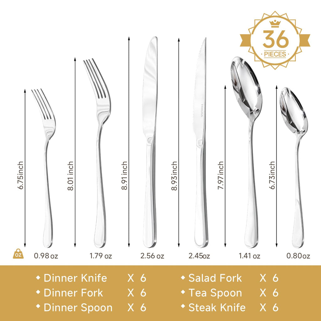 Silverware Set with Steak Knives for 6, 36 Piece Heavy Duty 18/10 Stainless Steel Flatware Set, Mirror Polished