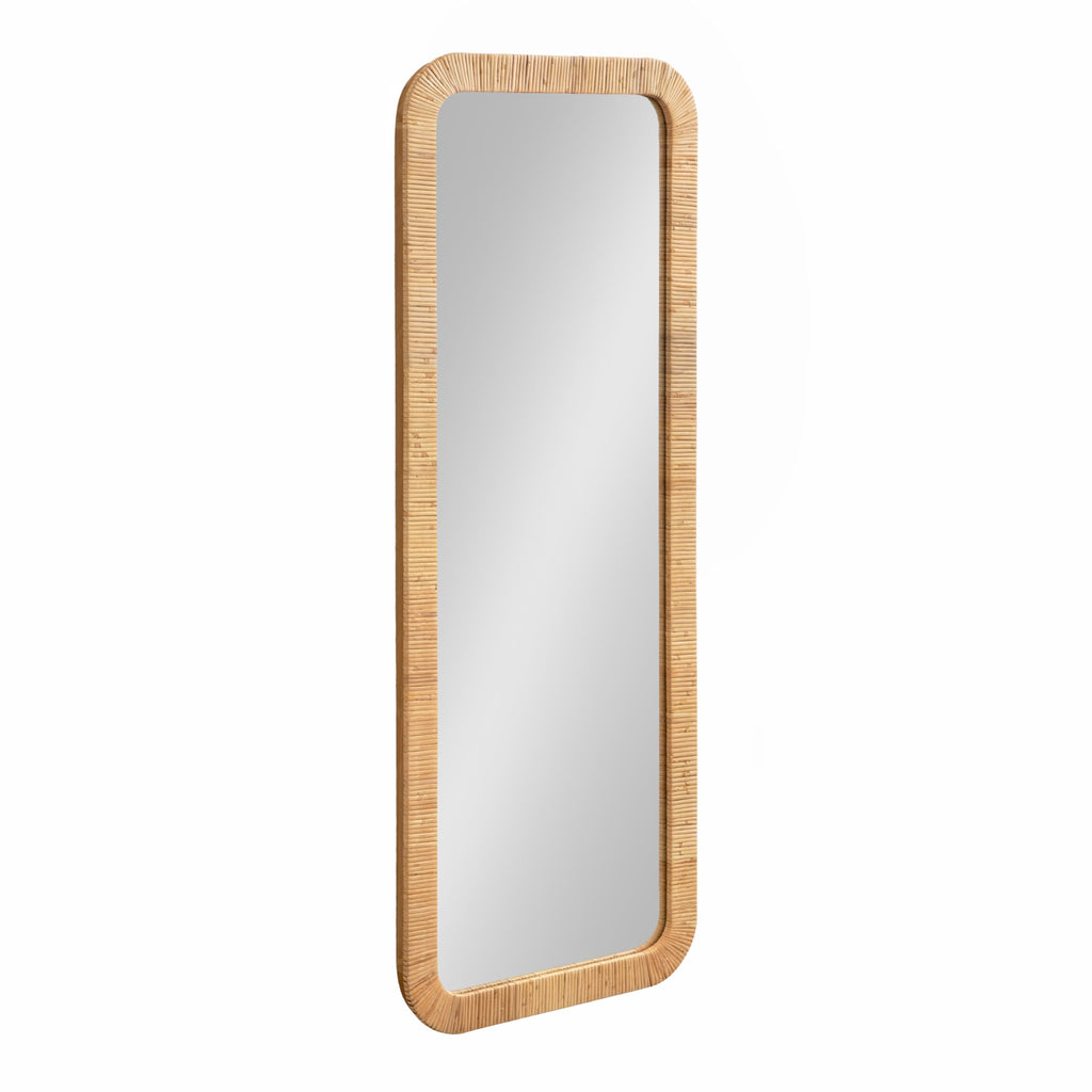 Rahfy Boho Rectangle Rattan Wall Mirror; 18 x 48; Natural Wood; Decorative Rounded Rectangular Full-Length Mirror