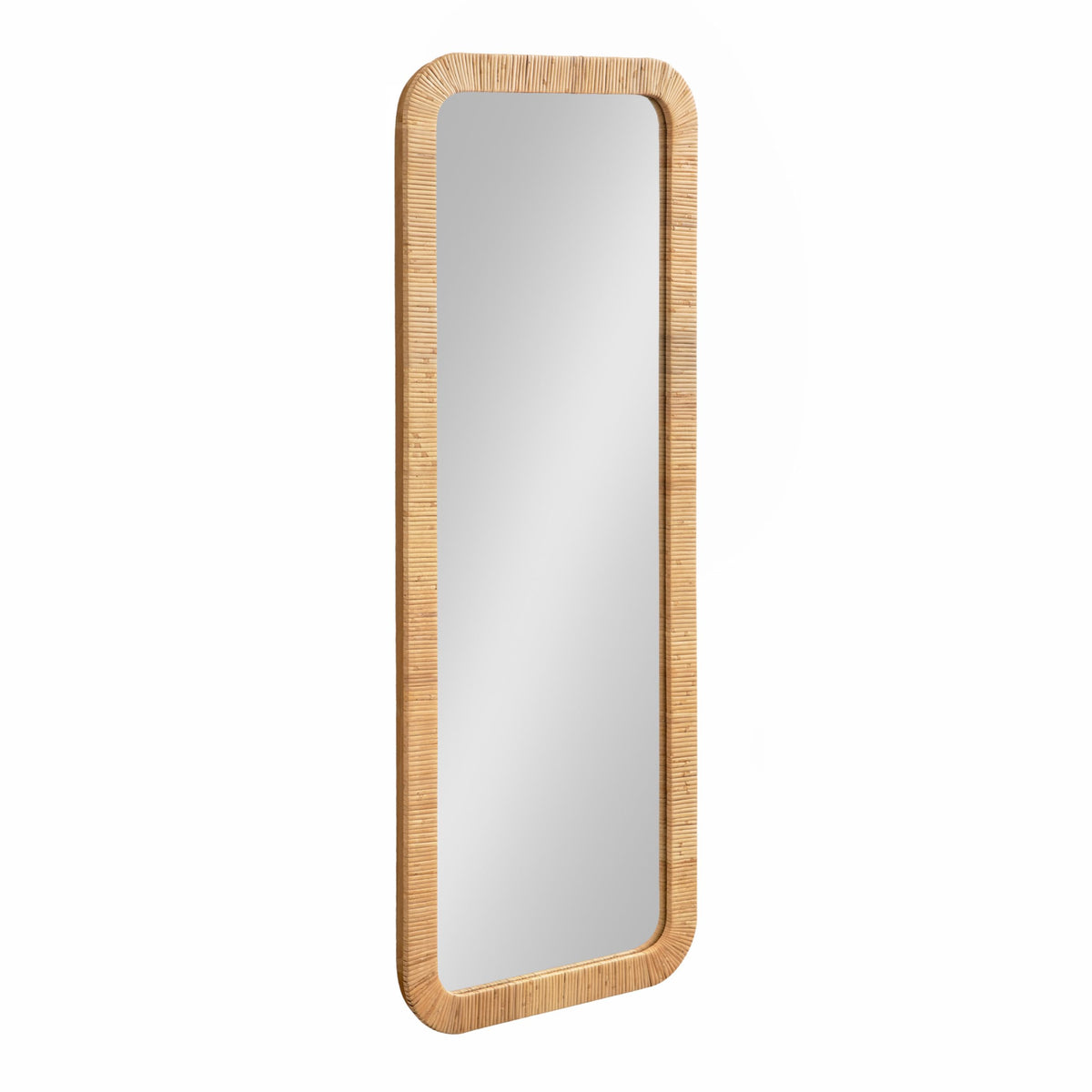 Rahfy Boho Rectangle Rattan Wall Mirror; 18 x 48; Natural Wood; Decorative Rounded Rectangular Full-Length Mirror