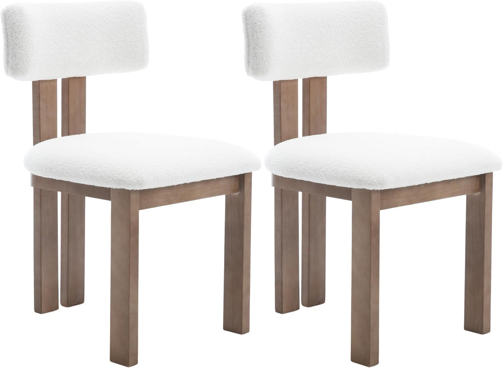 Dining Chairs Set of 2, Faux Fur Upholstered Dining Room Chairs with Wood Legs, White