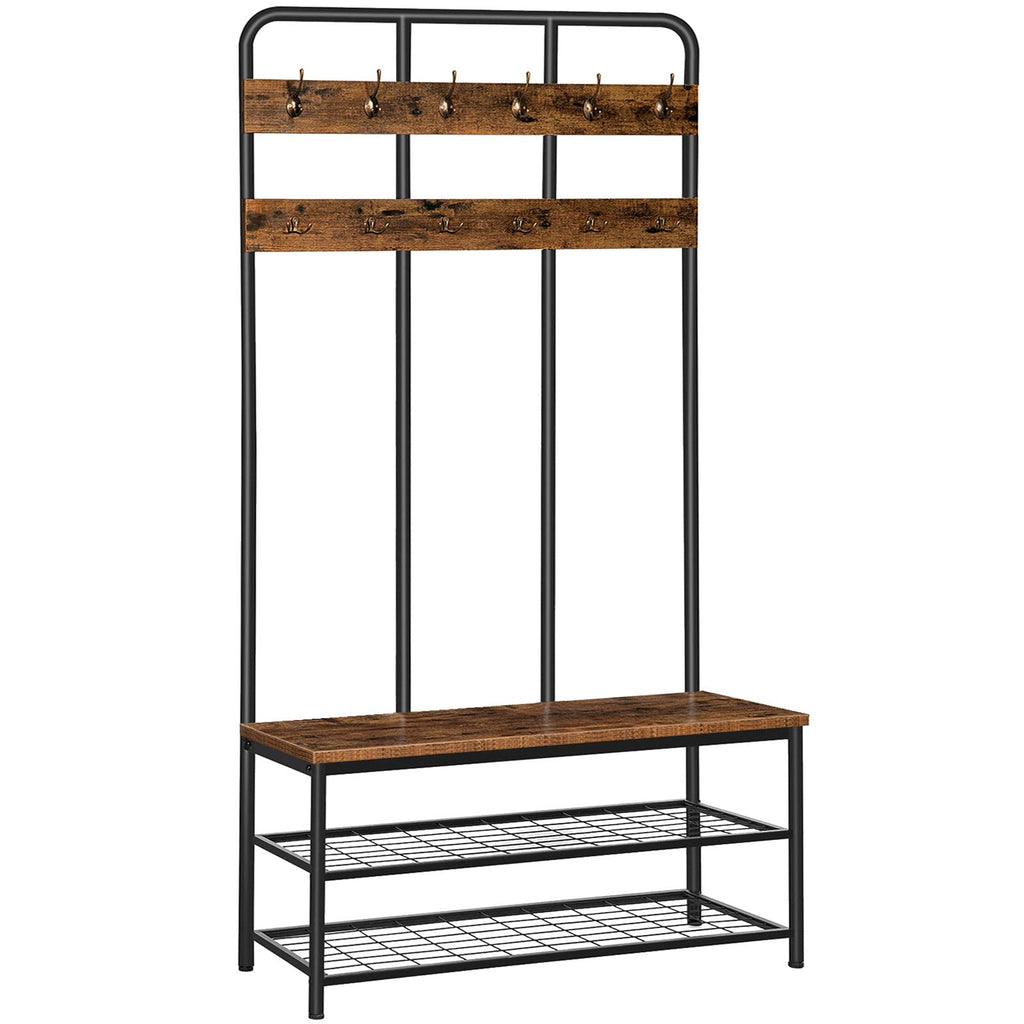 Hall Tree with Bench, Entryway Bench with Coat Rack, Mud Room Rack with 12 Double Hooks and Shoe Storage, Coat Tree