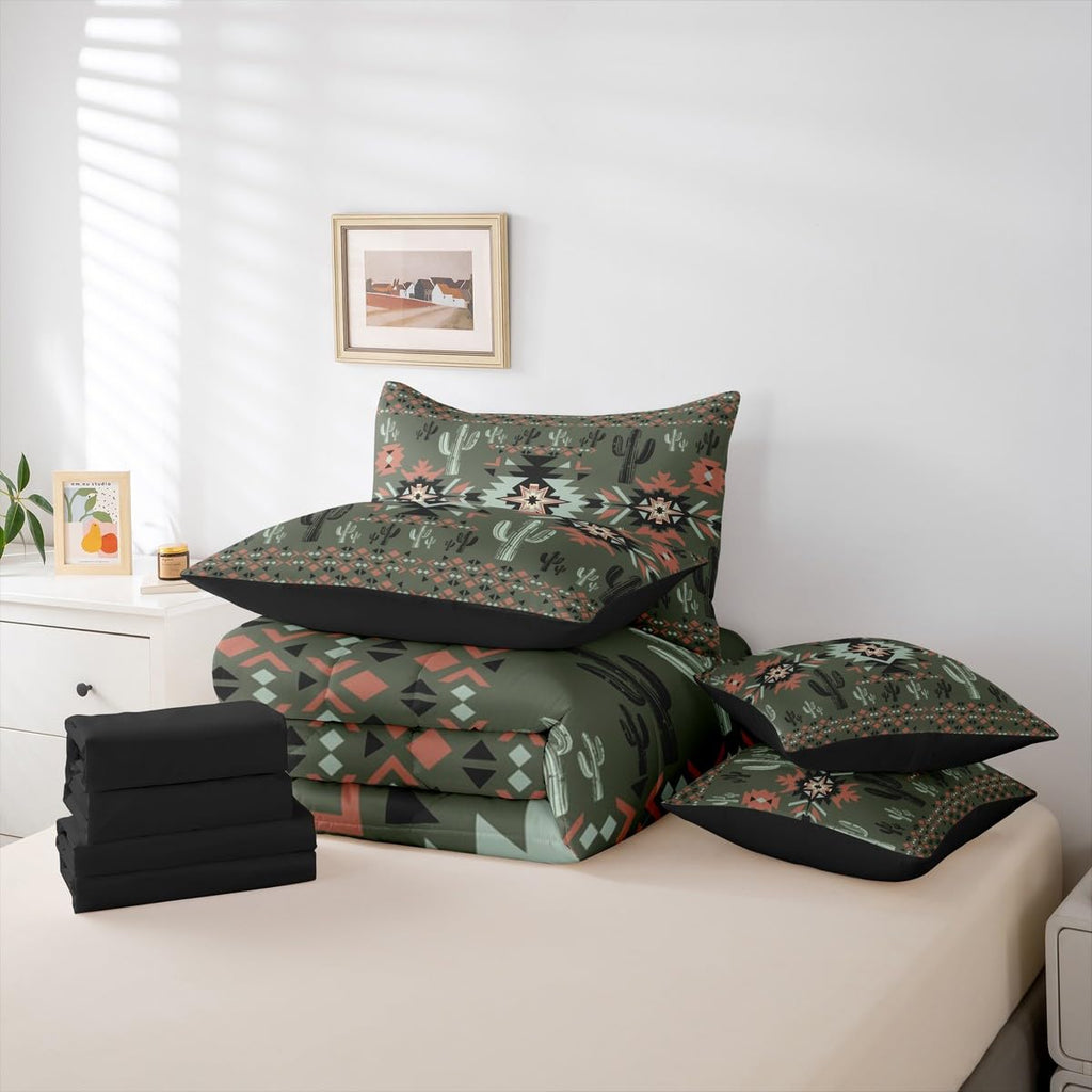 Khaki Southwestern Aztec Comforter Set with Sheets 7 Piece