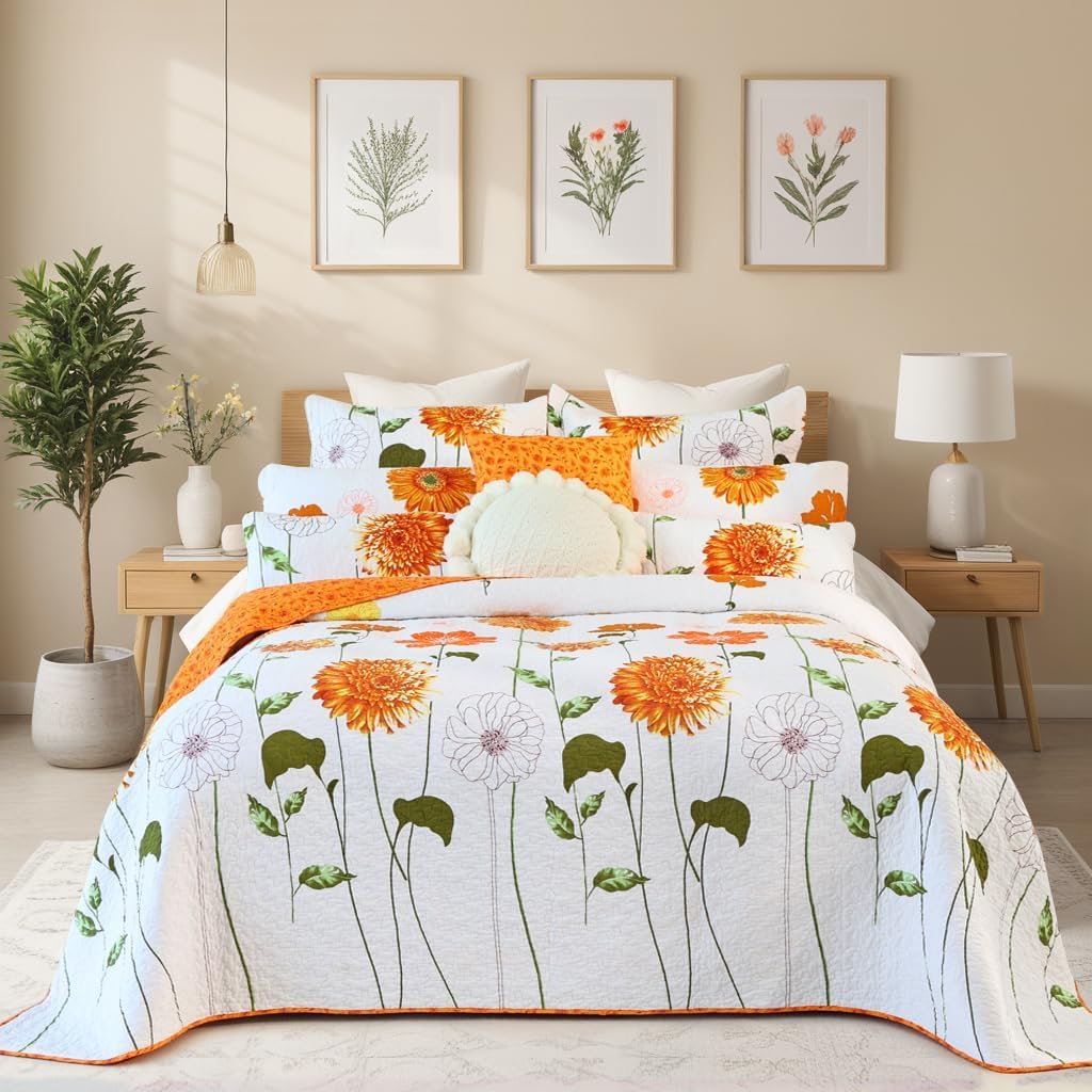 100% Cotton Quilt Set Orange Sunflower Floral Bedding Sets with Pillow Shams Breathable Lightweight