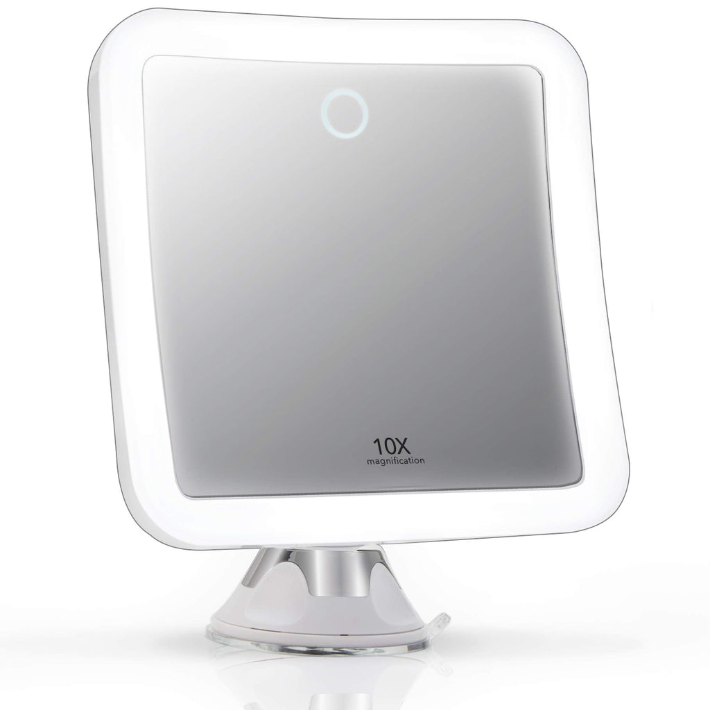 Rechargeable 10x Magnifying Mirror with 3 LED Light Settings, Dimmable Touch Light, Cordless, Locking Suction Mount