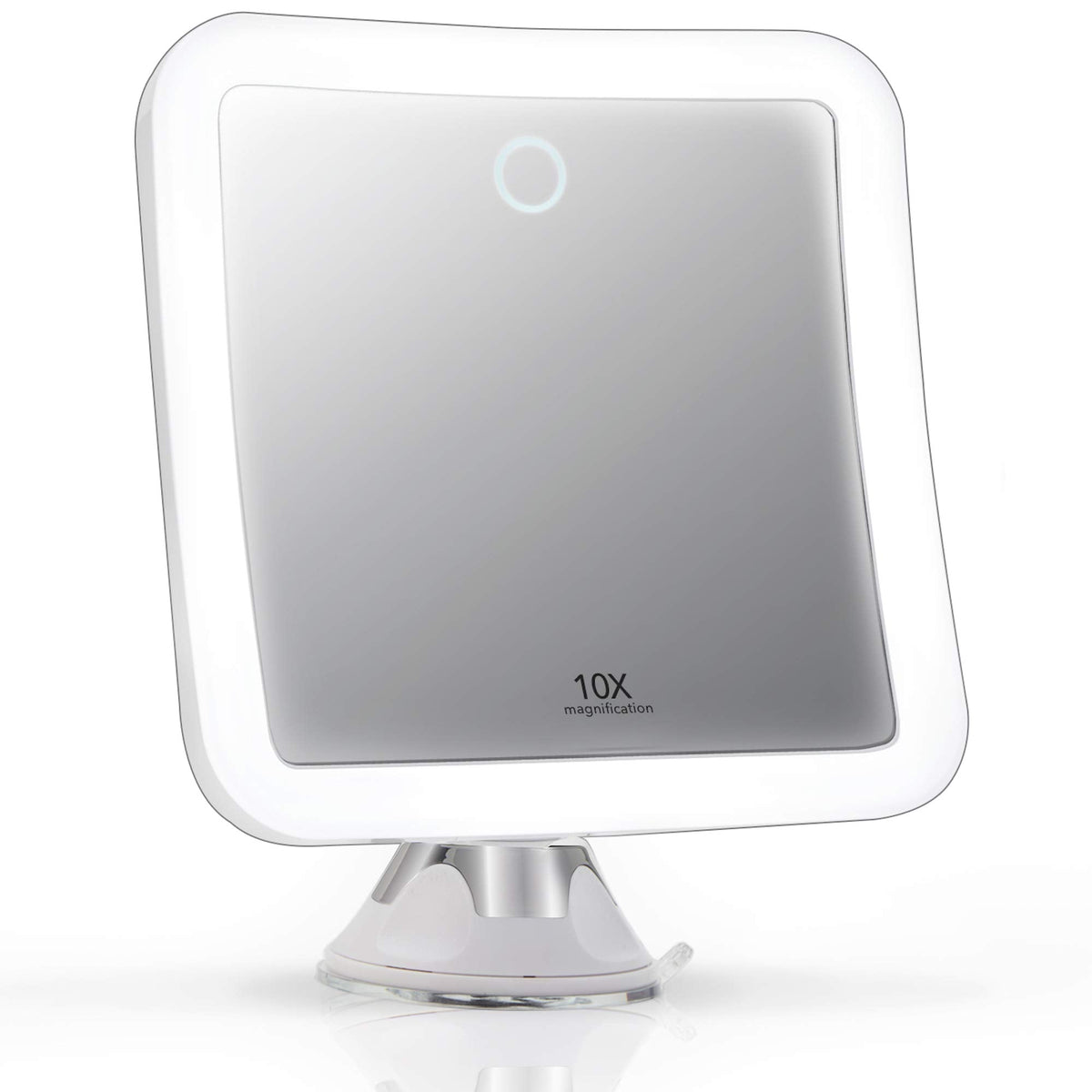 Rechargeable 10x Magnifying Mirror with 3 LED Light Settings, Dimmable Touch Light, Cordless, Locking Suction Mount