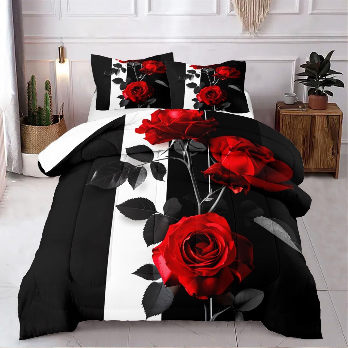 Rose Floral Comforter Set in Black and Red with Striped Accents