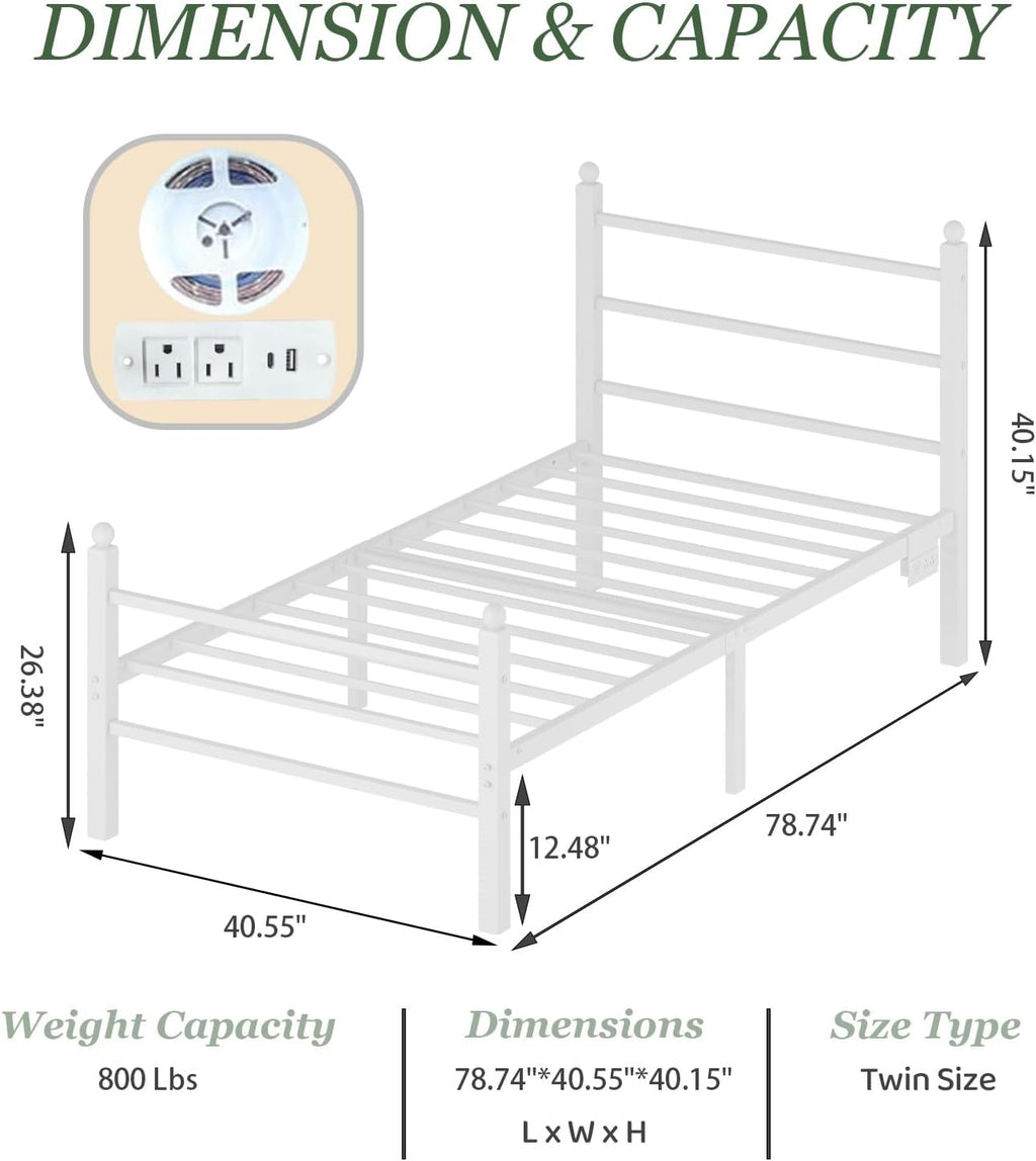 Twin Size Bed Frames with Charging Ports&LED Lights,Heavy Duty Metal Slats Support,No Box Spring Needed,Noise Free,No