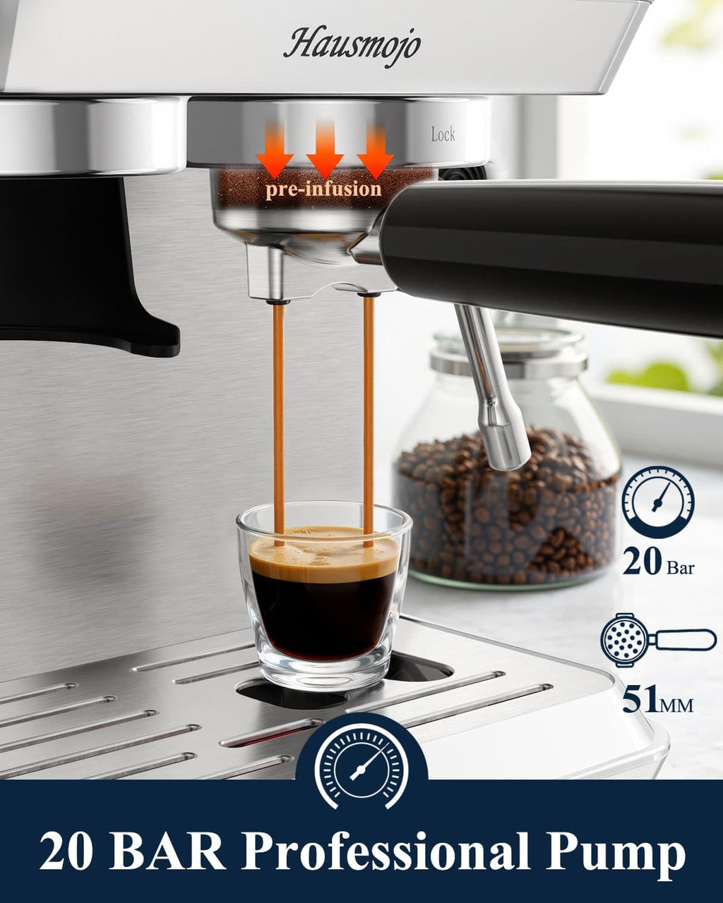 Espresso Machine with Built-in Burr Grinder, 44 Grind Settings & Steam Wand