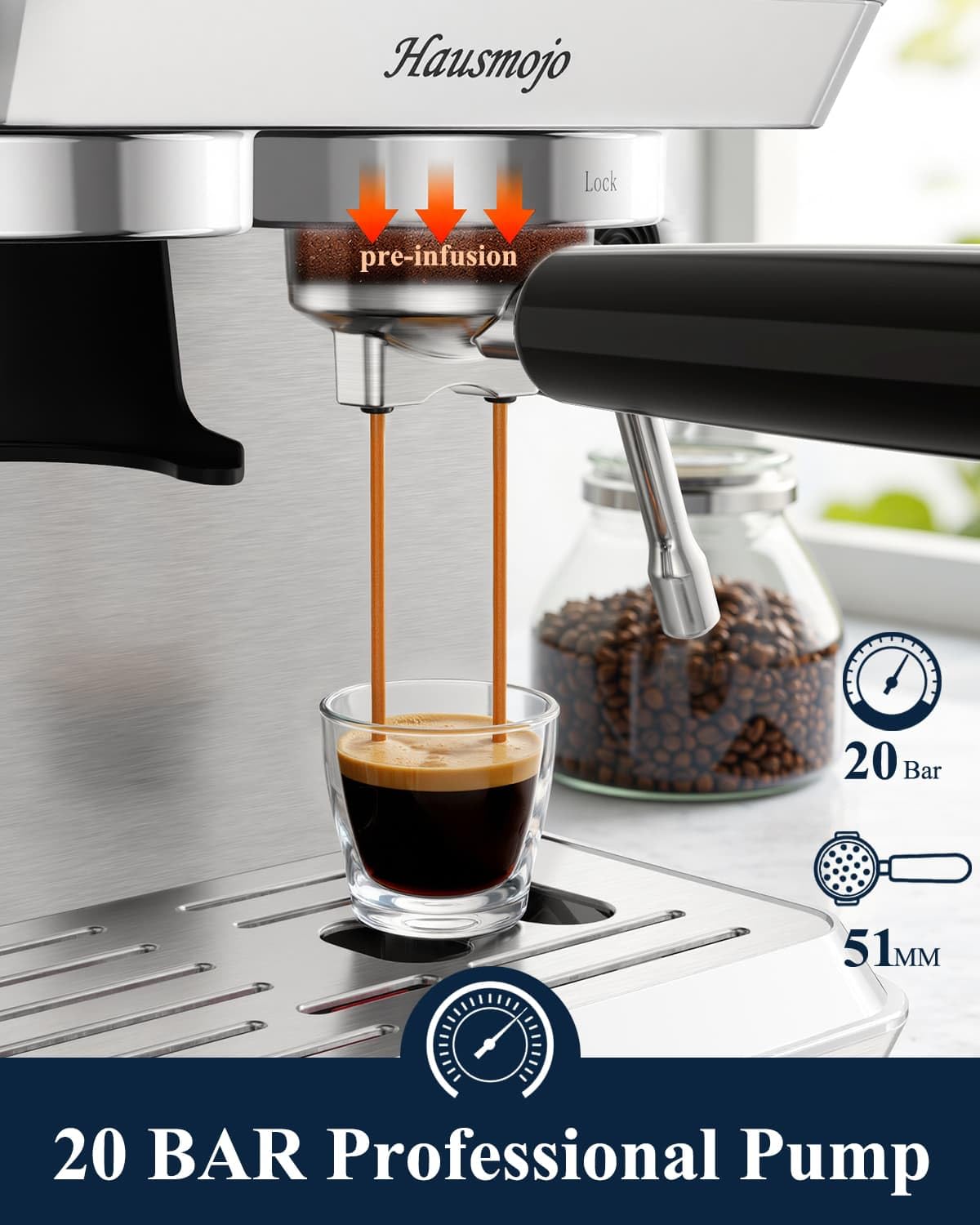 Espresso Machine with Built-in Burr Grinder, 44 Grind Settings & Steam Wand
