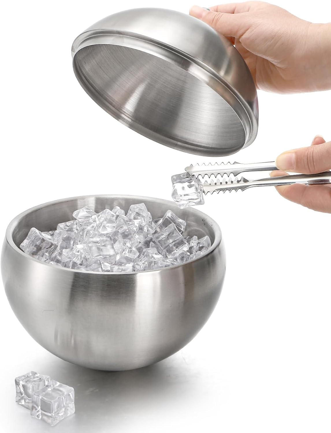 Ice Bucket with Lid, Double Insulation Ice Box Container Storage Box, 2 L Stainless Steel Ice Bucket Container