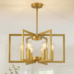 Modern Gold Chandelier 6 Light Height Adjustable Geometric Metal Farmhouse Hanging Light Fixture for Dining Room Over