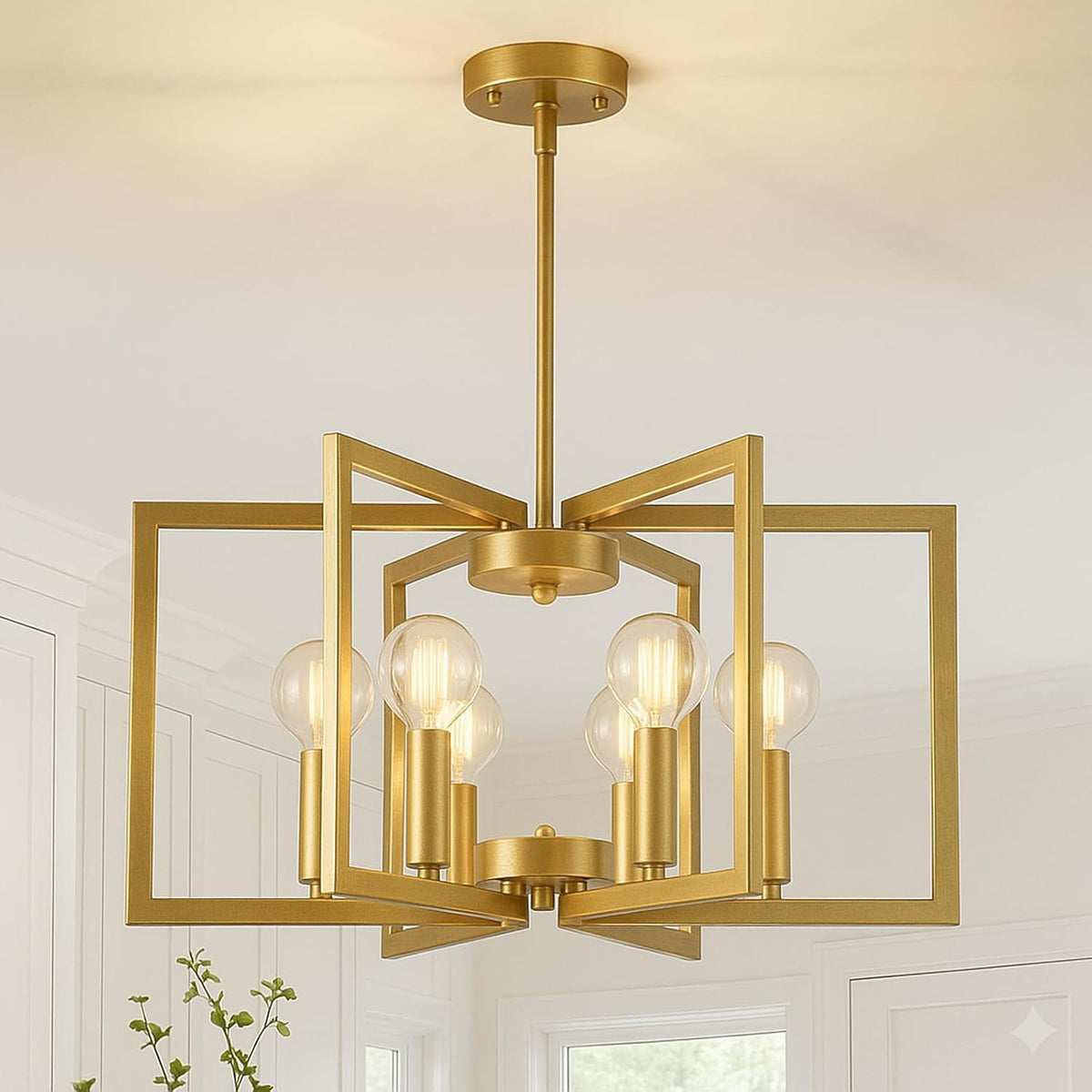 Modern Gold Chandelier 6 Light Height Adjustable Geometric Metal Farmhouse Hanging Light Fixture for Dining Room Over