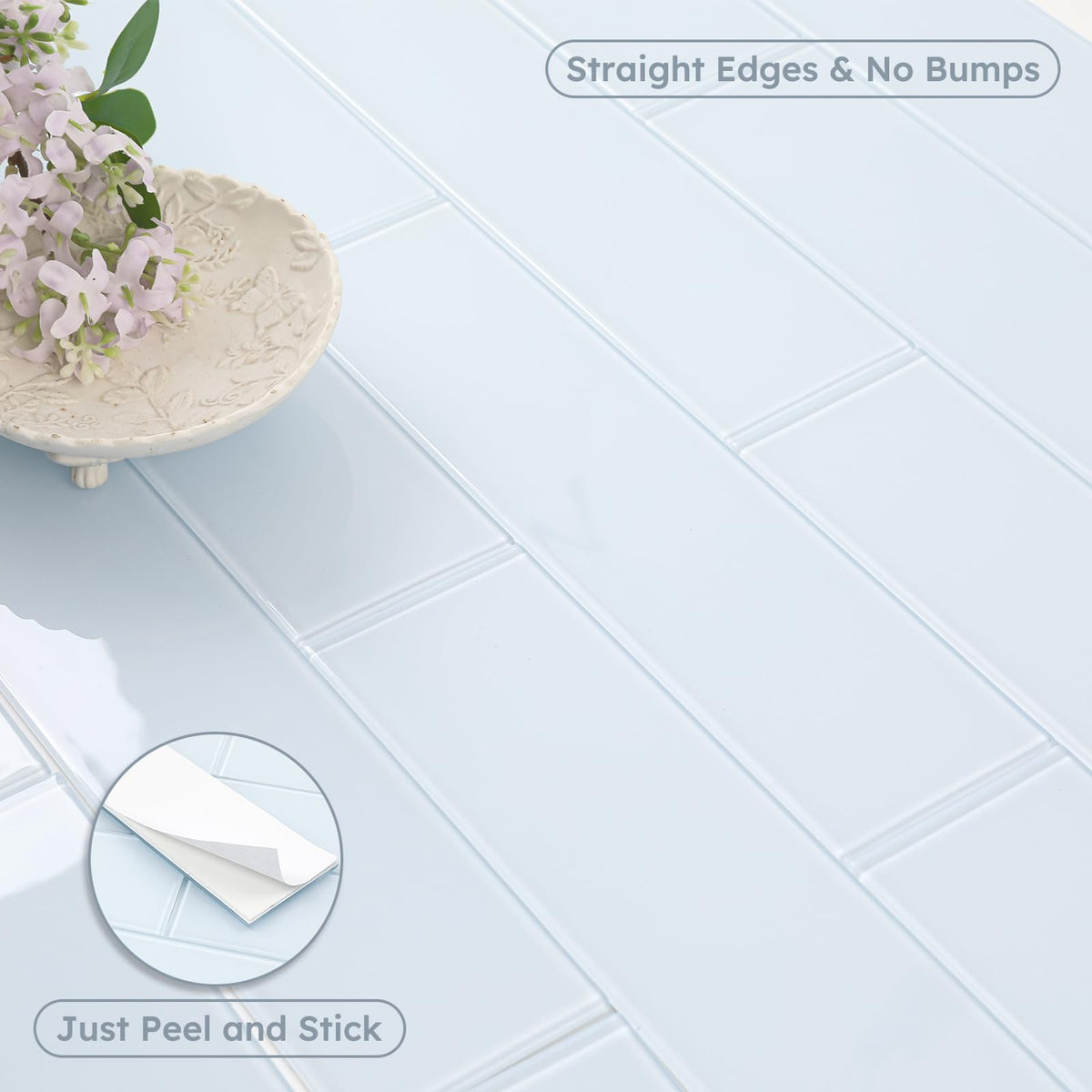 Peel and Stick Glass Subway Tiles, Light Blue, 3x12 Inch, Glass Backsplash Bathroom Wall Tiles, Pack of 20 Pieces