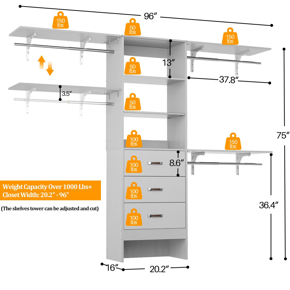Closet System with Drawer - 8FT Wood Closet Organizer System with 3 Hanging Rods and Shelving Tower, 96" Walk In