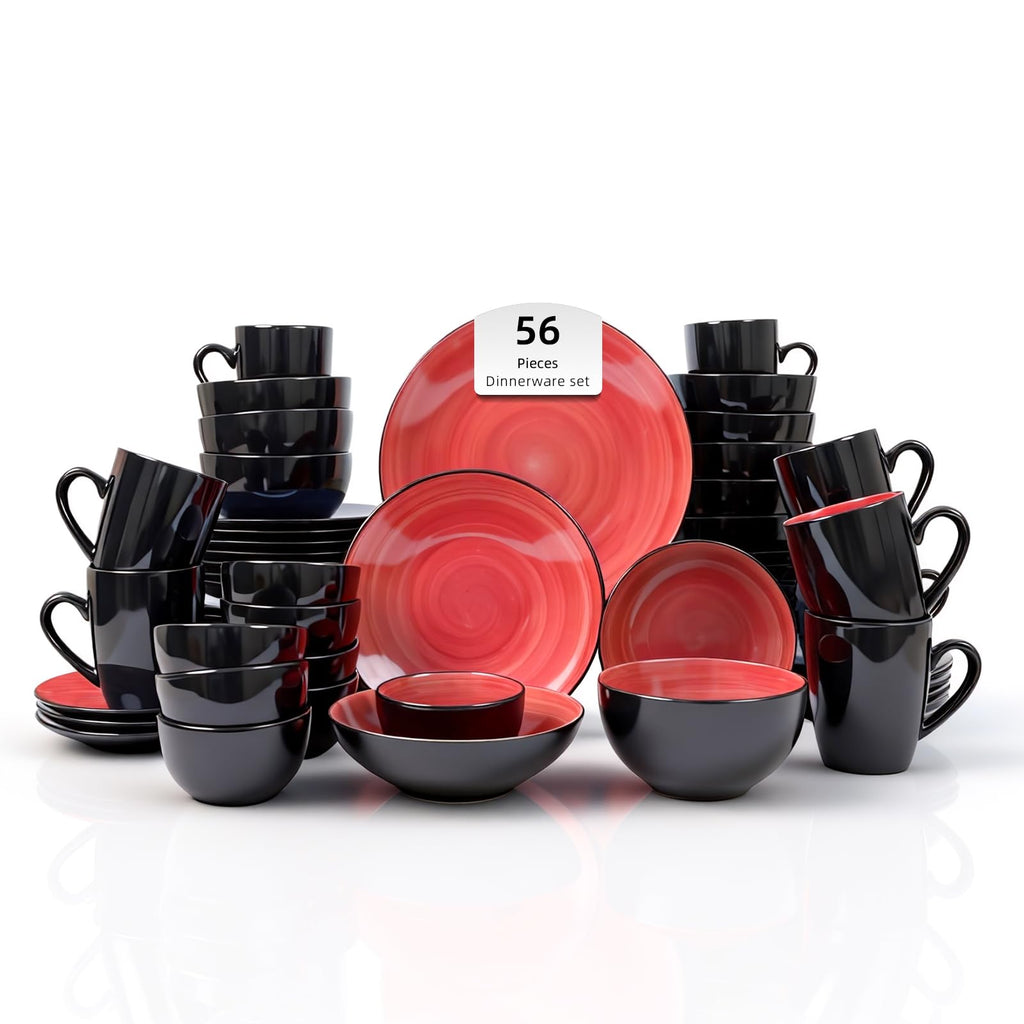Stoneware Sonoma Dinnerware Set, Black + Speckled Spin Wash (56pc Set, Red)