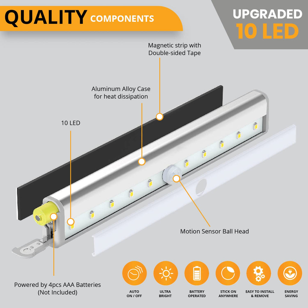 LED Motion Sensor Light, LED Battery Operated Lights, Under Cabinet Lighting, Stick On Lights, 10-LED Magnetic