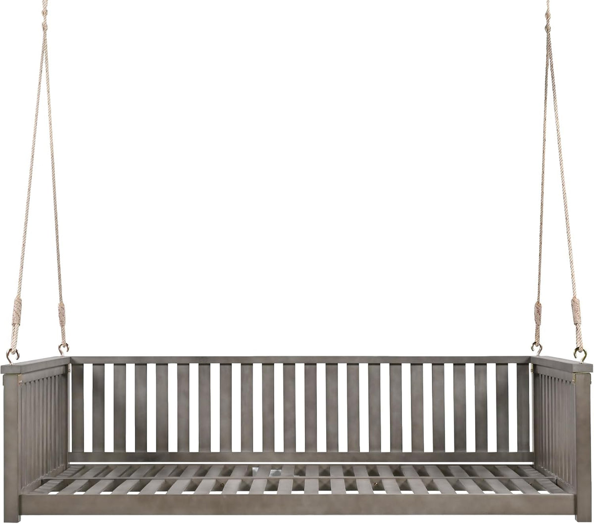 Porch Daybed Swing Outdoor Wooden Swing Bench, Patio Hanging Swing Chair Swinging Bed for Garden, Backyard, Deck, Grey