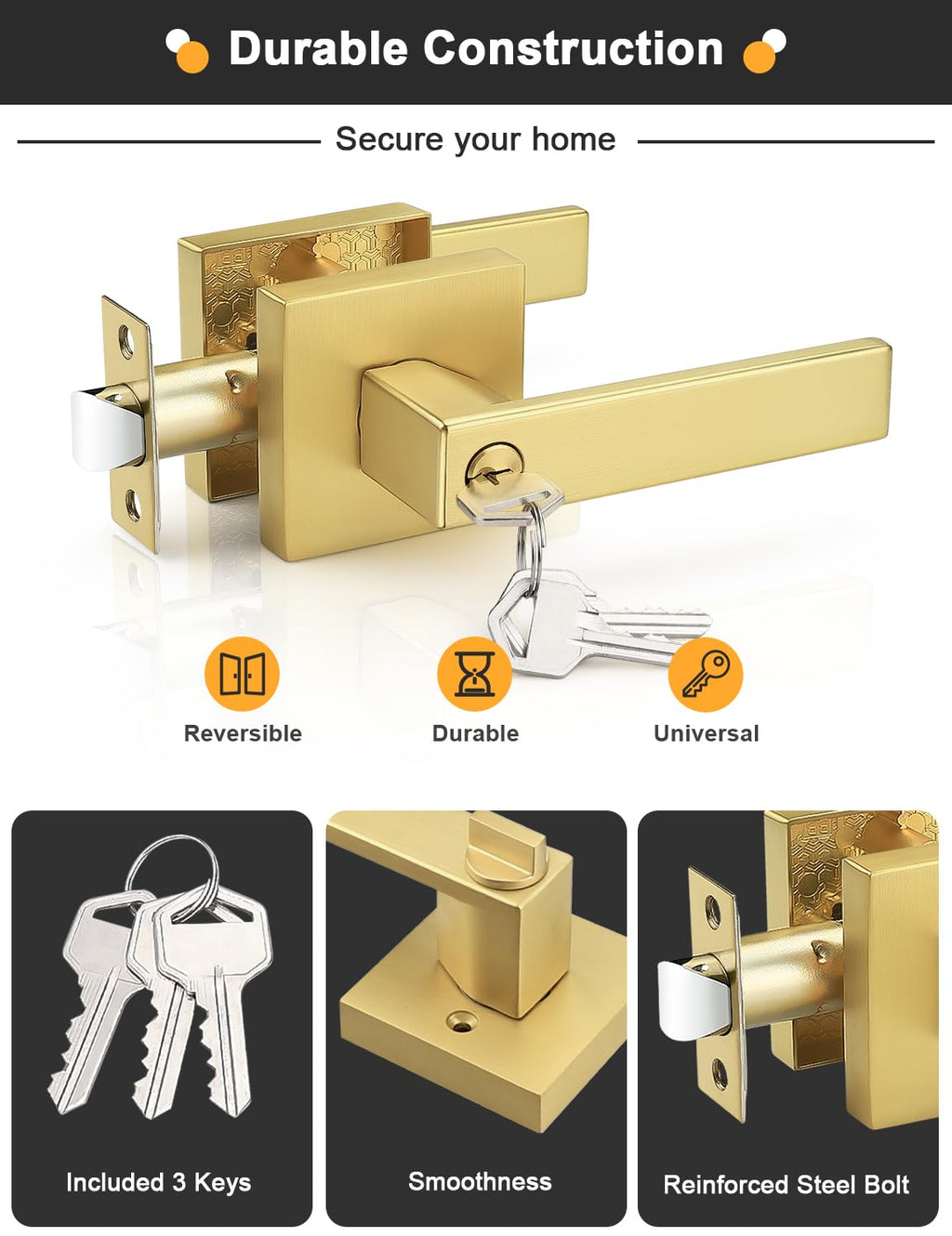Keyed Alike Entry Door Handle Gold Door Handles Heavy Duty Entrance Door Lock Reversible Square Door Lever or Front