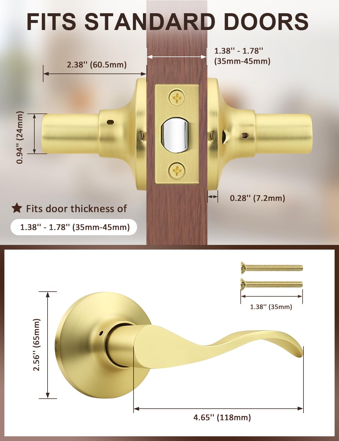 1 Pack Gold Modern Interior Passage Door Handles, Keyless Door Knob & Closet, Wave Style Non-Locking Door Lever
