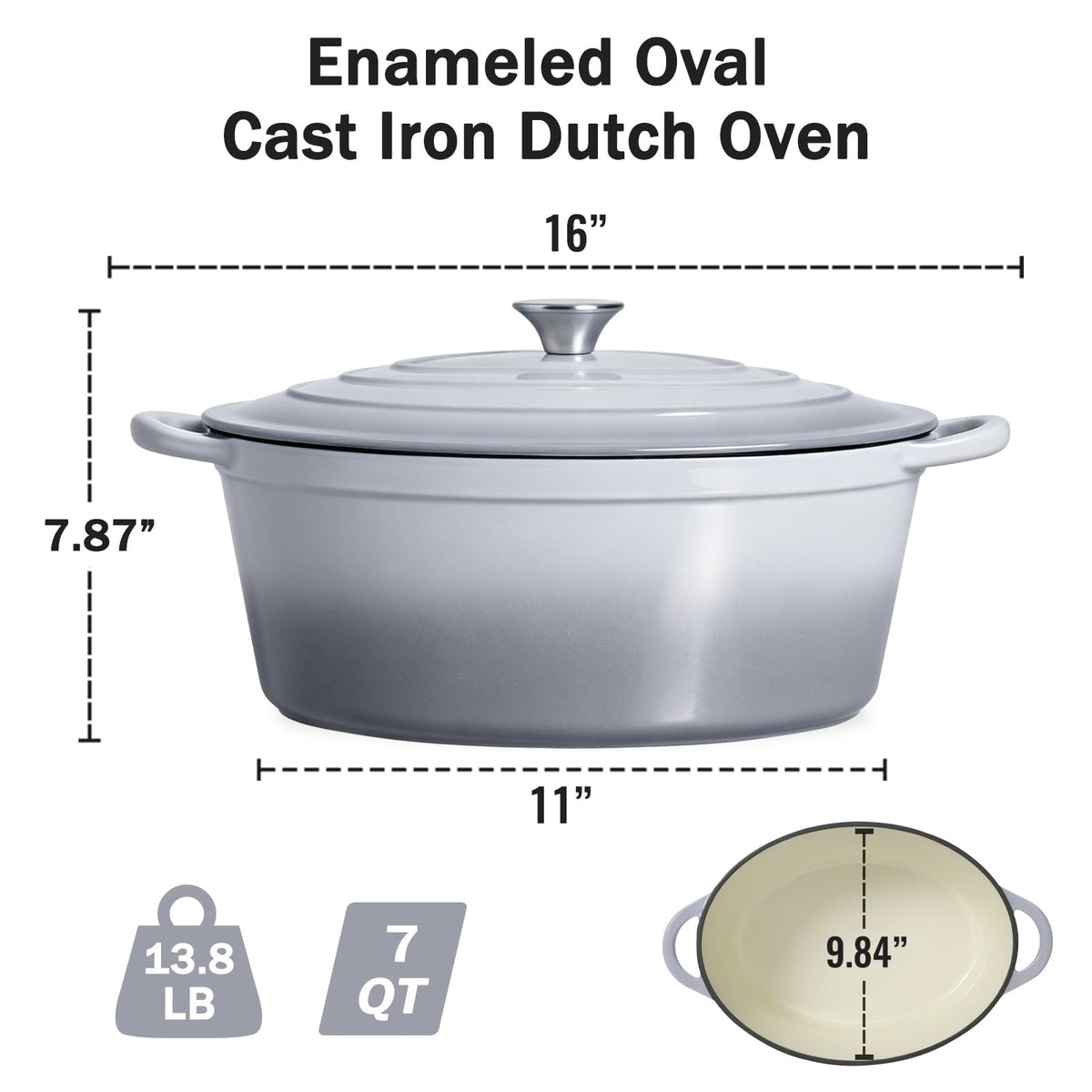 Enameled Oval Dutch Oven Pot with Lid, 7 QT Cast Iron Dutch Oven with Dual Handles for Cooking, Bread Baking, Frying