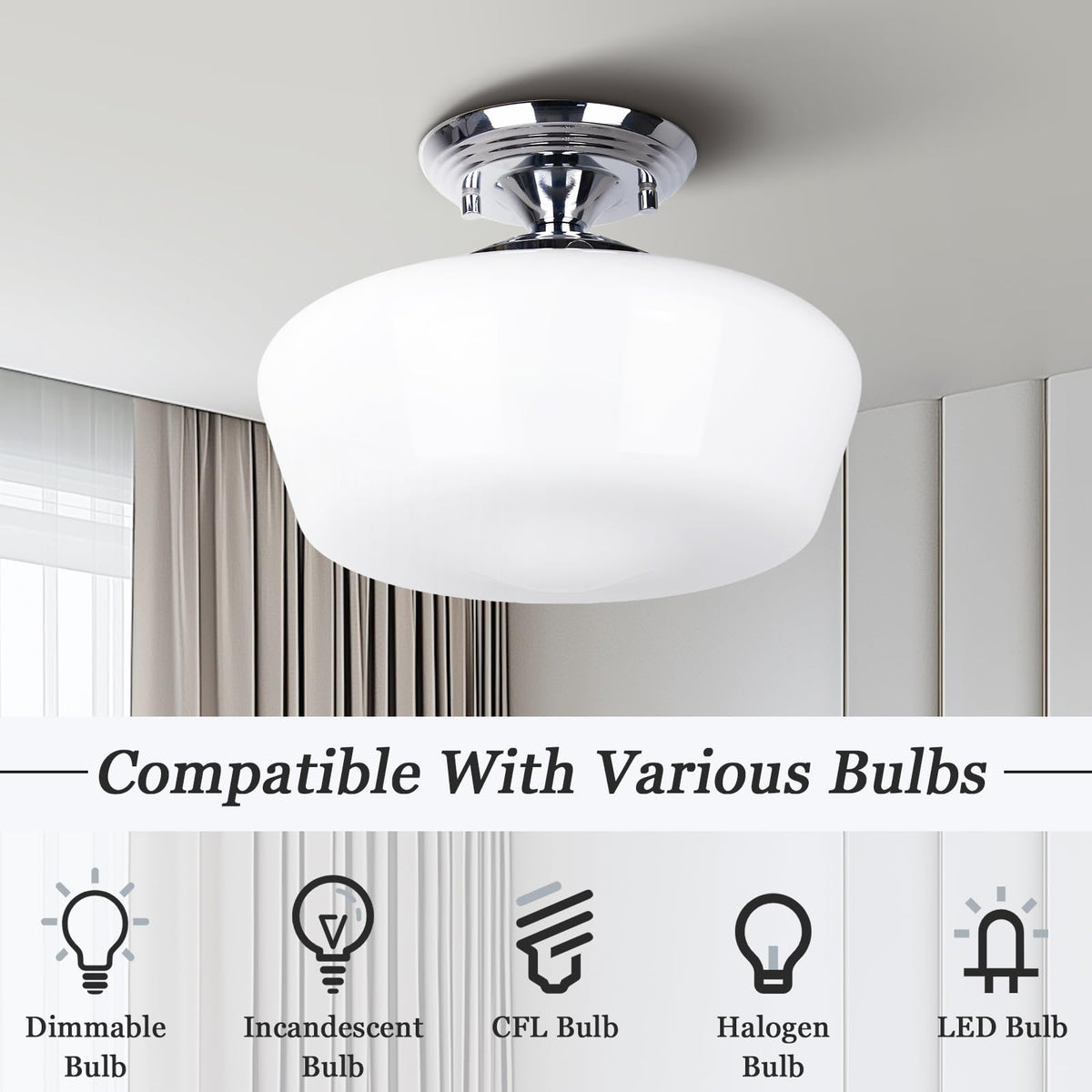 Schoolhouse Style Semi Flush Mount Ceiling Light Fixture, 12" Modern Chrome Hallway Ceiling Lamp with Opal Milk Glass